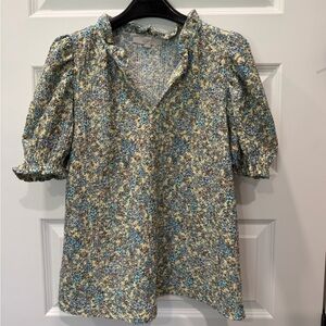 LOFT Floral Puff Sleeve Blouse - Blue and Yellow